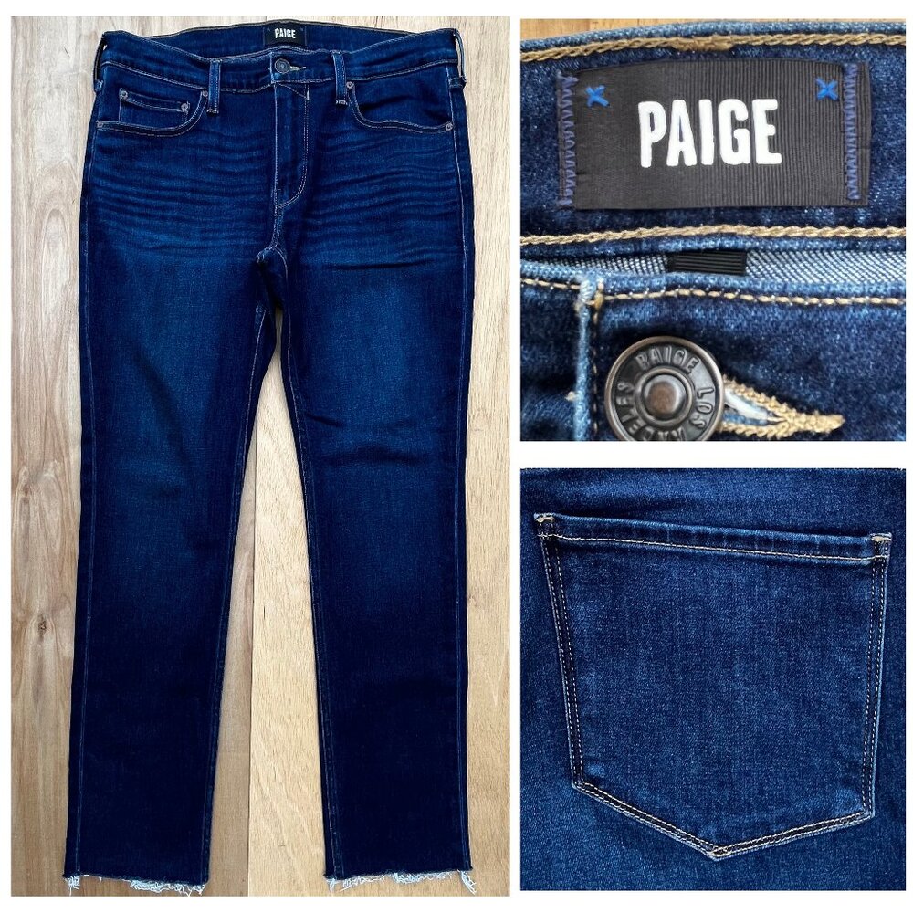 PAIGE LENNOX STRAIGHT LEG JEANS Women’s Frayed Hem Stretch Denim sz 32